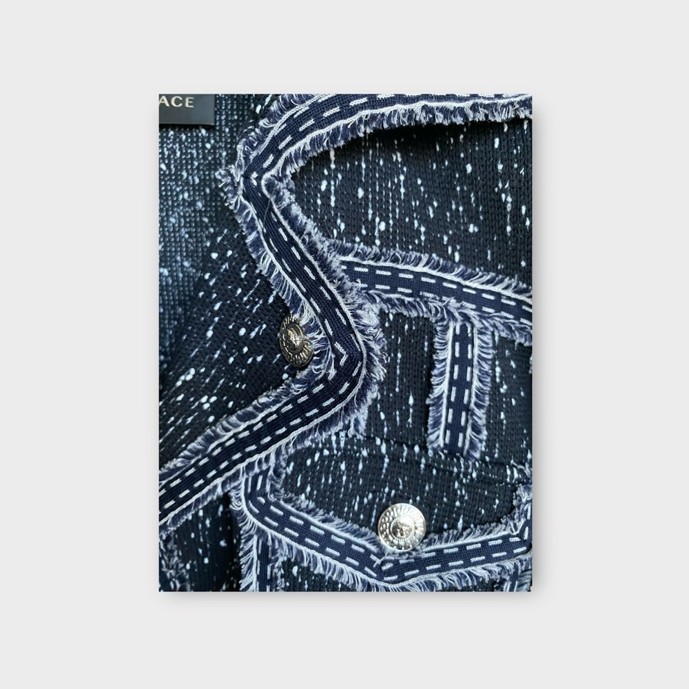 Authentic Versace cropped boucle tweed navy blue moto trucker denim jacket s m - Picture 8 of 13